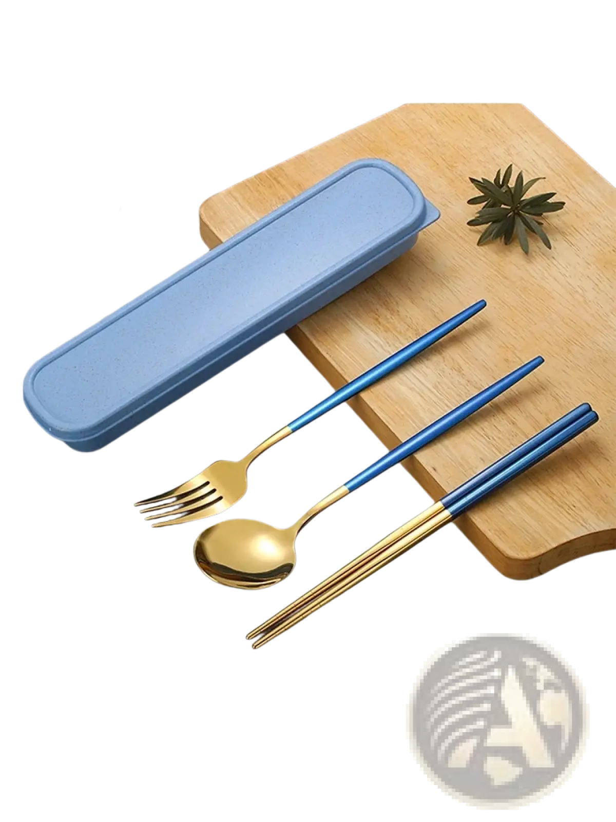 Blue and gold stainless steel cutlery set with matching light blue carrying case for convenient storage and portability