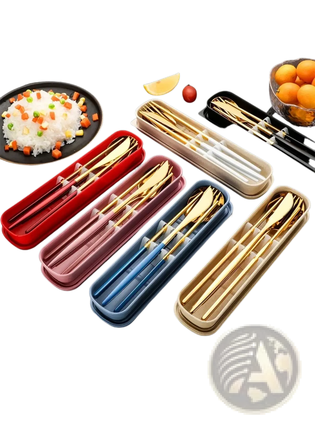 Set of gold stainless steel cutlery with colorful plastic storage cases for organized portable use
