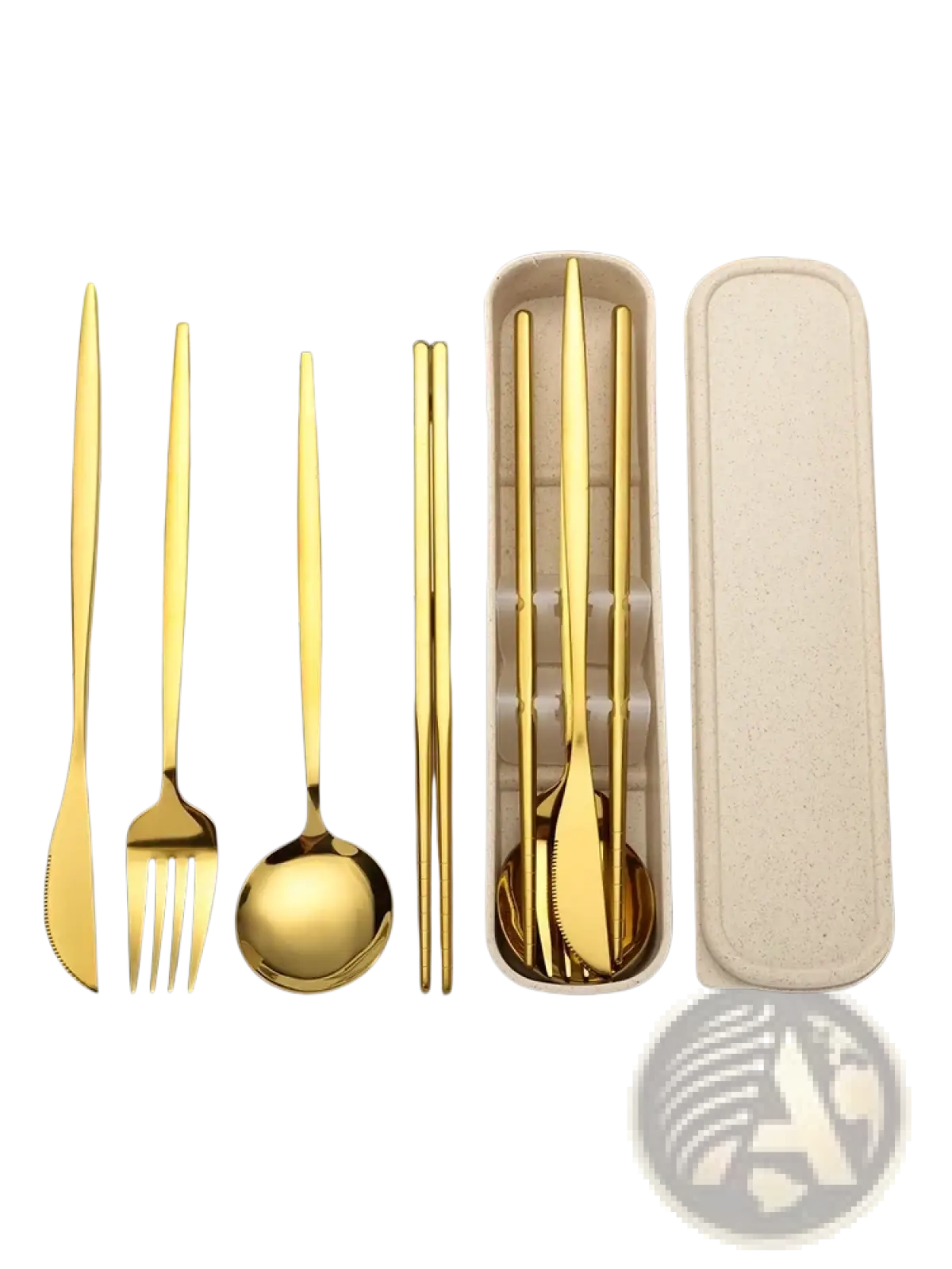 Gold stainless steel cutlery set with matching chopsticks neatly arranged in a white storage case