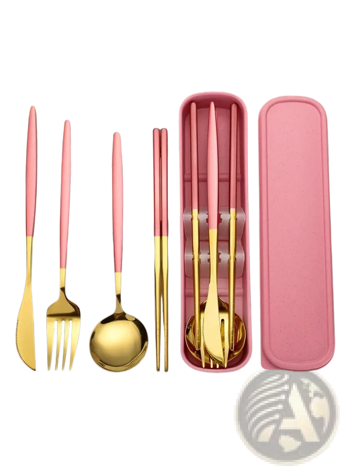 Pink and gold stainless steel cutlery set with a matching pink storage case for convenient organization