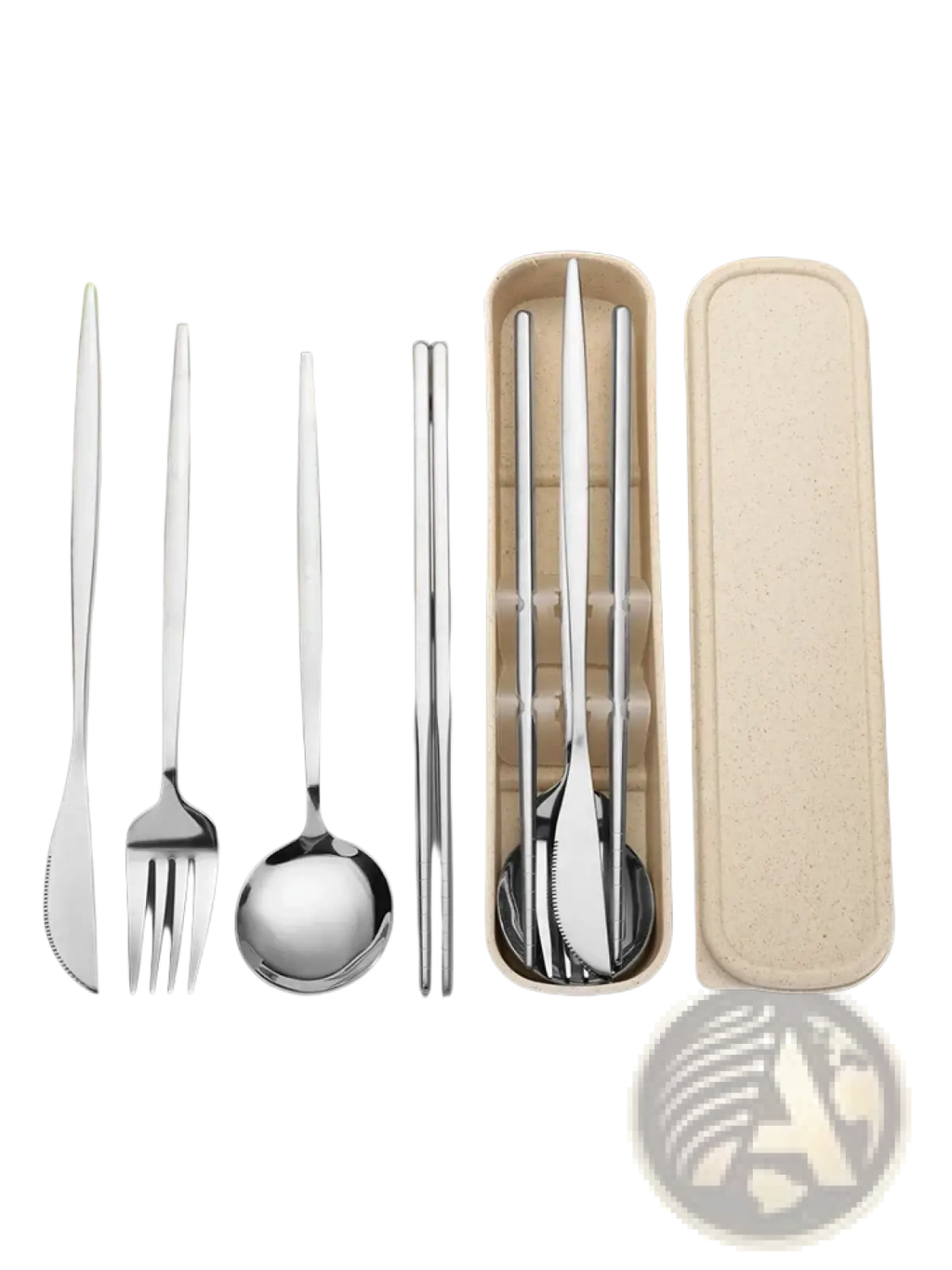 Gold stainless steel travel cutlery set with a beige eco-friendly carrying case for portable use