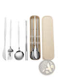Gold stainless steel travel cutlery set with a beige eco-friendly carrying case for portable use