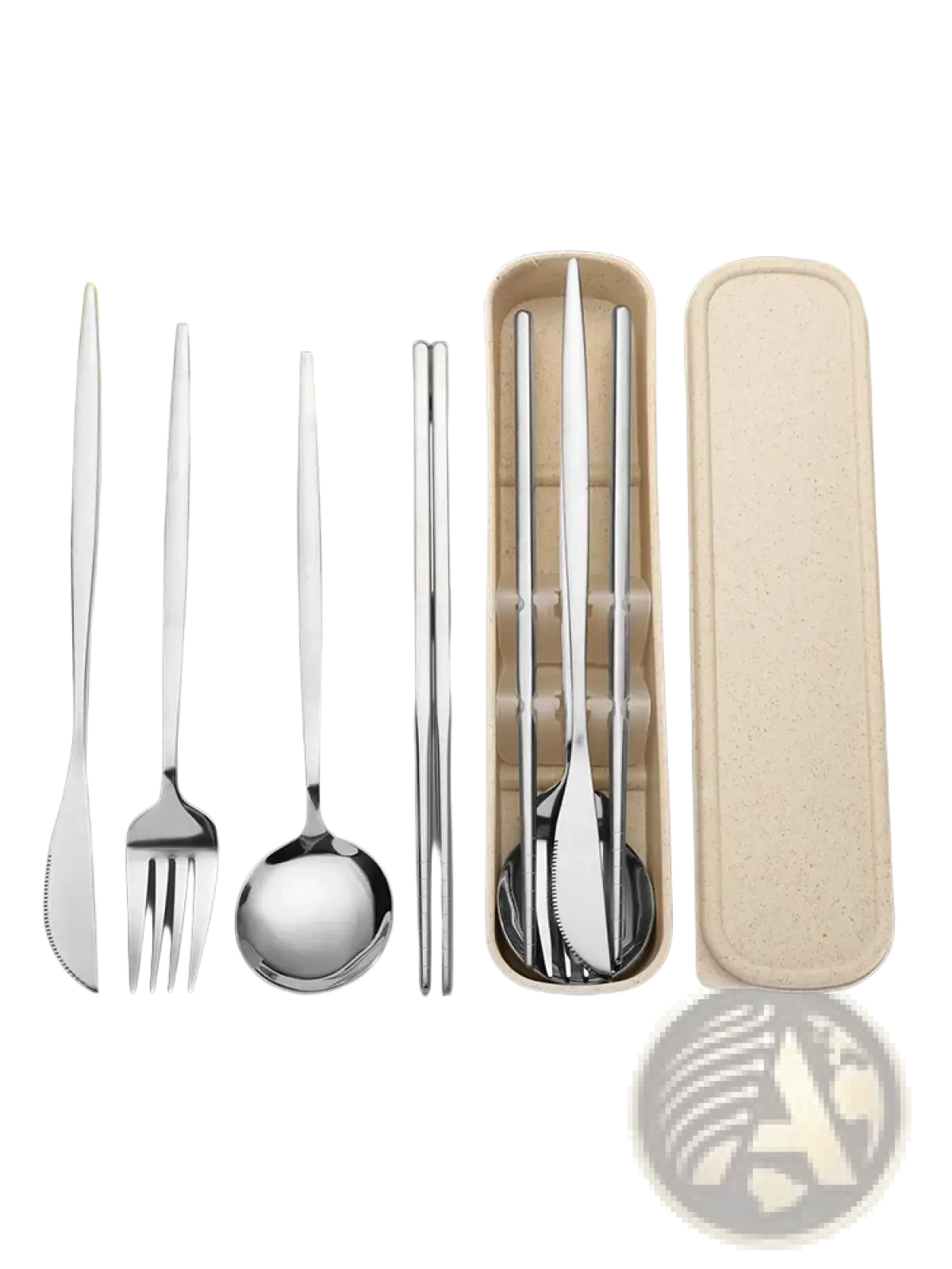 Gold stainless steel travel cutlery set with a beige eco-friendly carrying case for portable use