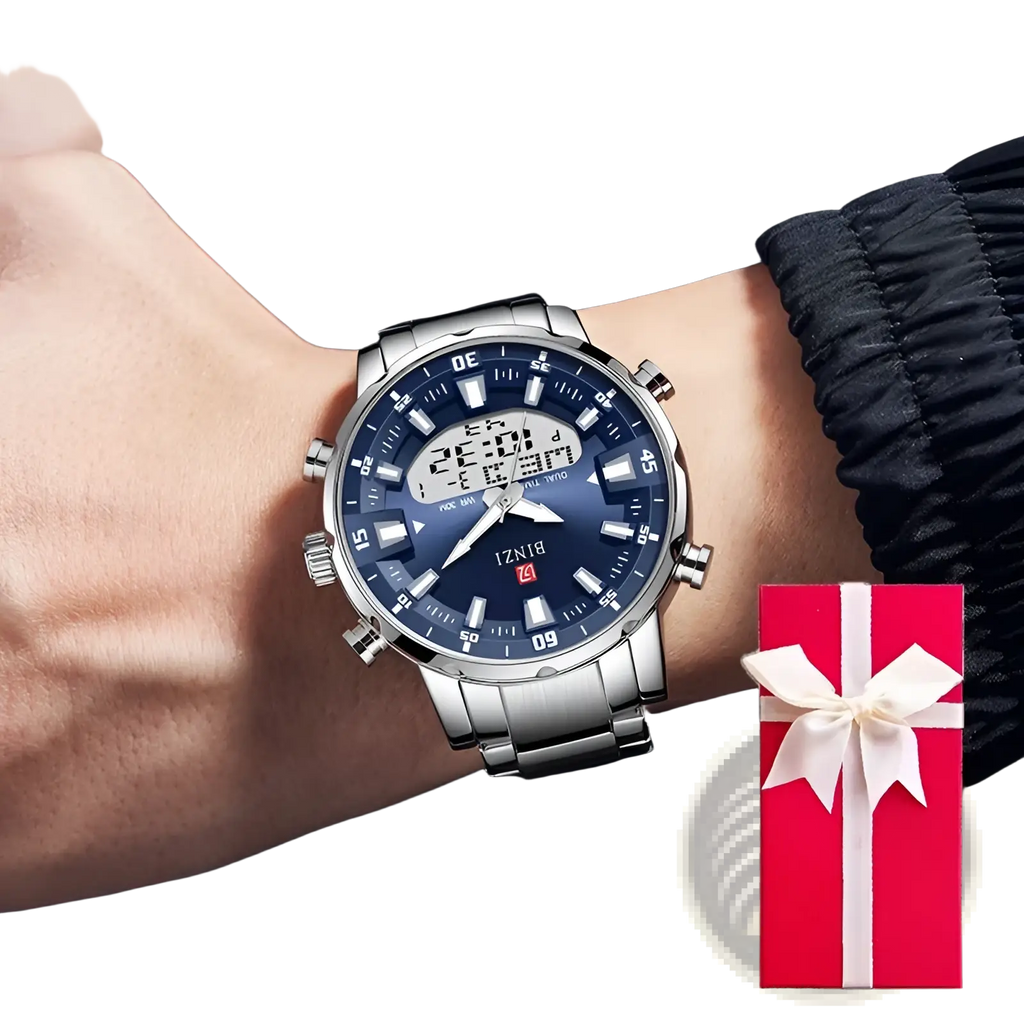 Silver-toned stainless steel sport watch with navy blue dial and dual digital-analog display by bizi