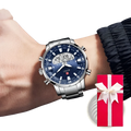 Silver-toned stainless steel sport watch with navy blue dial and dual digital-analog display by bizi