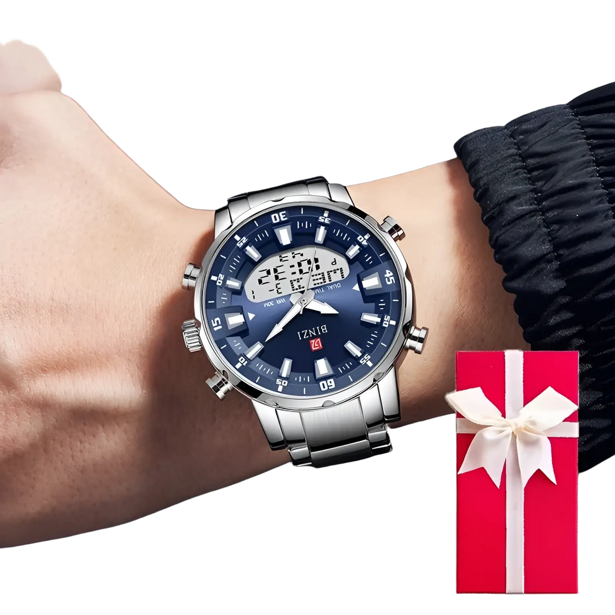 Silver-toned stainless steel sport watch with navy blue dial and dual digital-analog display by bizi