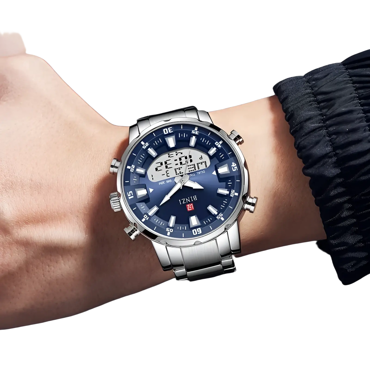 Gold stainless steel dual display men watch with silver-toned sport design, blue dial, and bizi brand logo