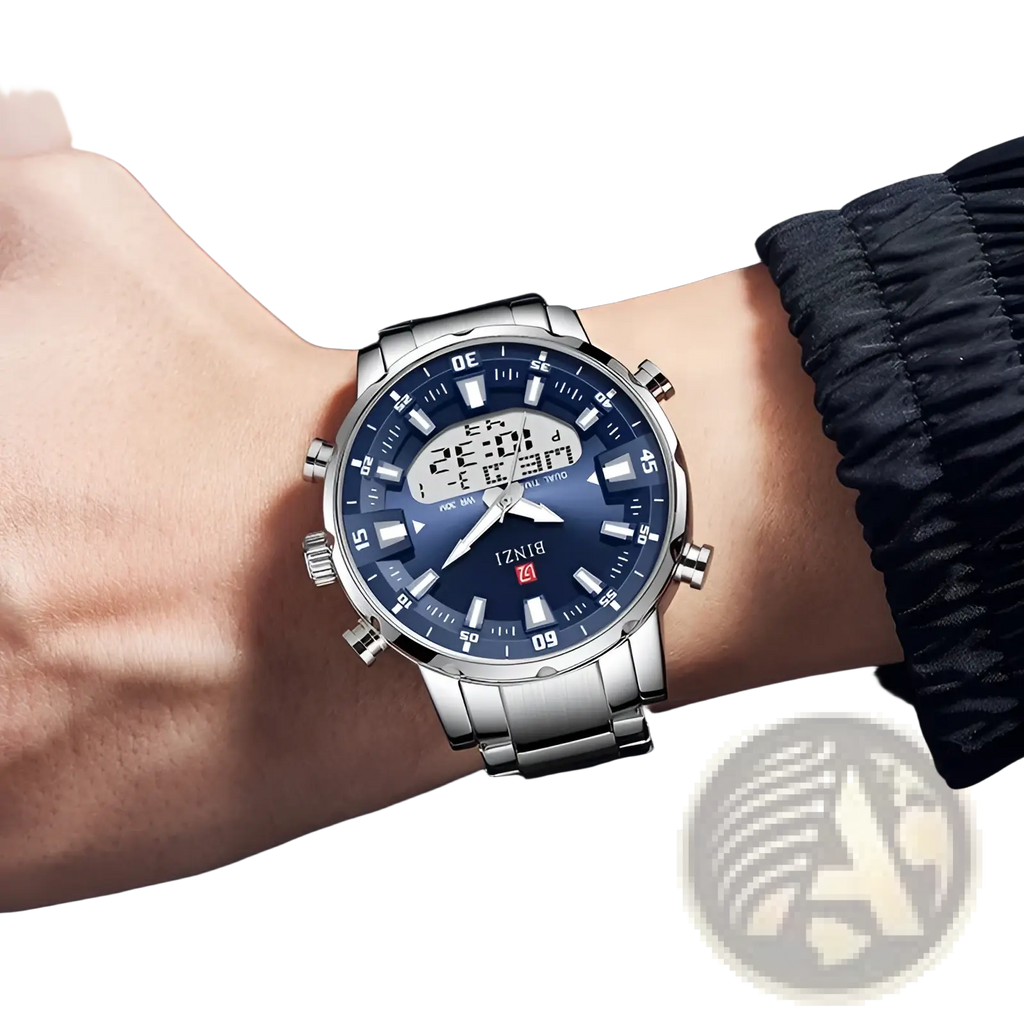 Silver-toned stainless steel sport watch with blue dial and digital-analog display featuring bizi logo for men