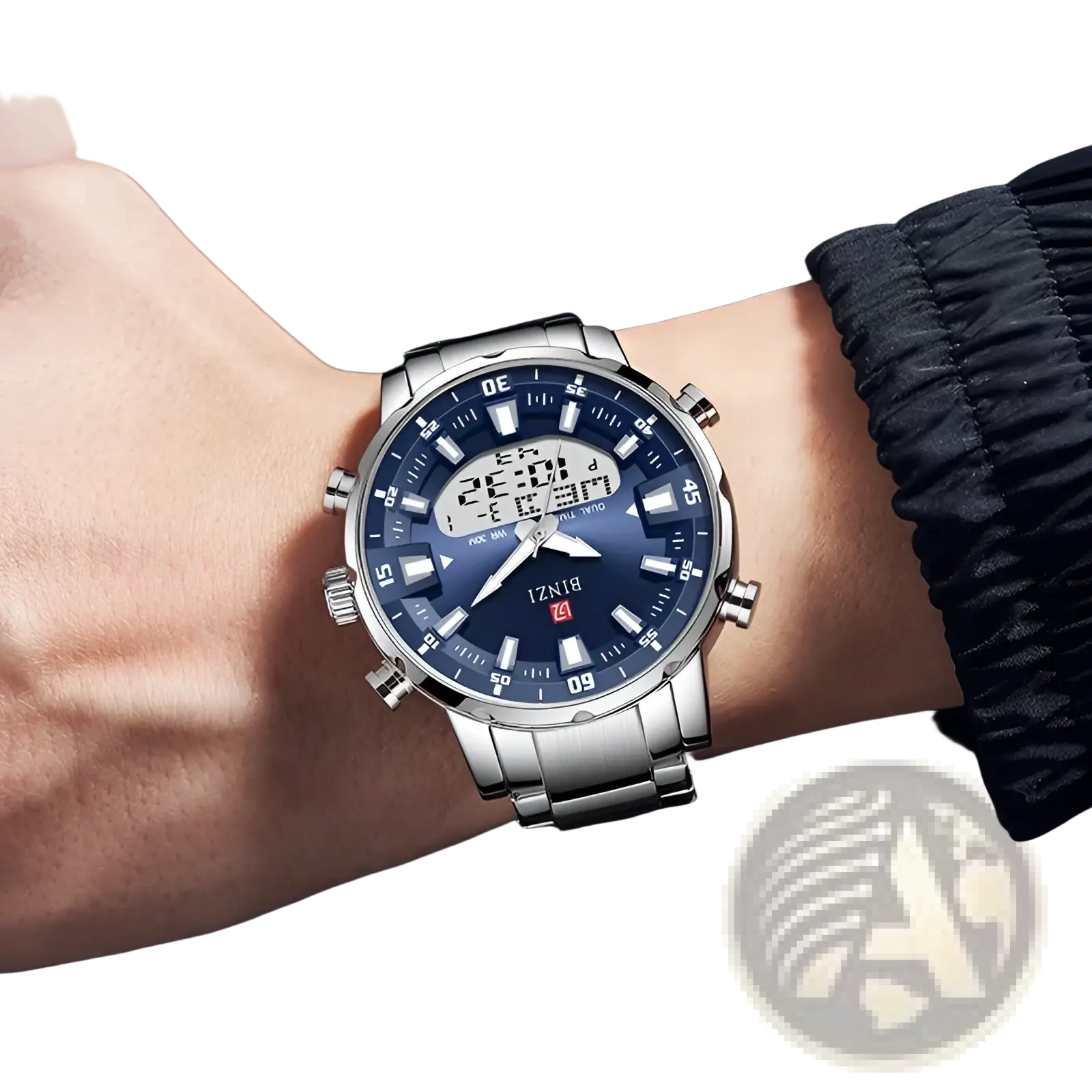 Silver-toned stainless steel sport watch with blue dial and digital-analog display featuring bizi logo for men