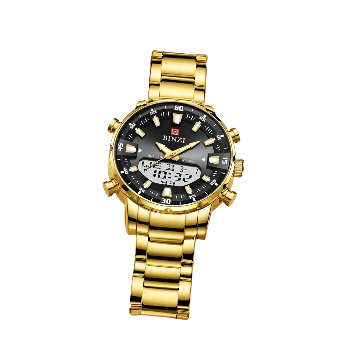 Gold-tone stainless steel dual-time men watch with black dial and gold hands featuring digital and analog display
