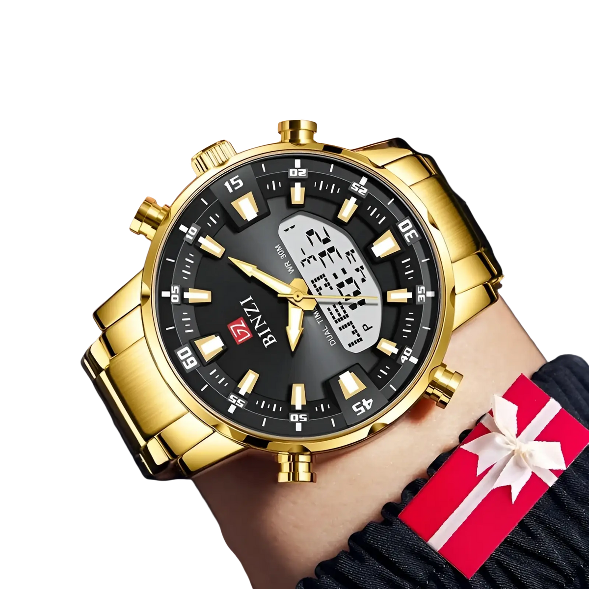 Gold stainless steel dual display men watch with gold-tone sport case black dial analog-digital time and date display