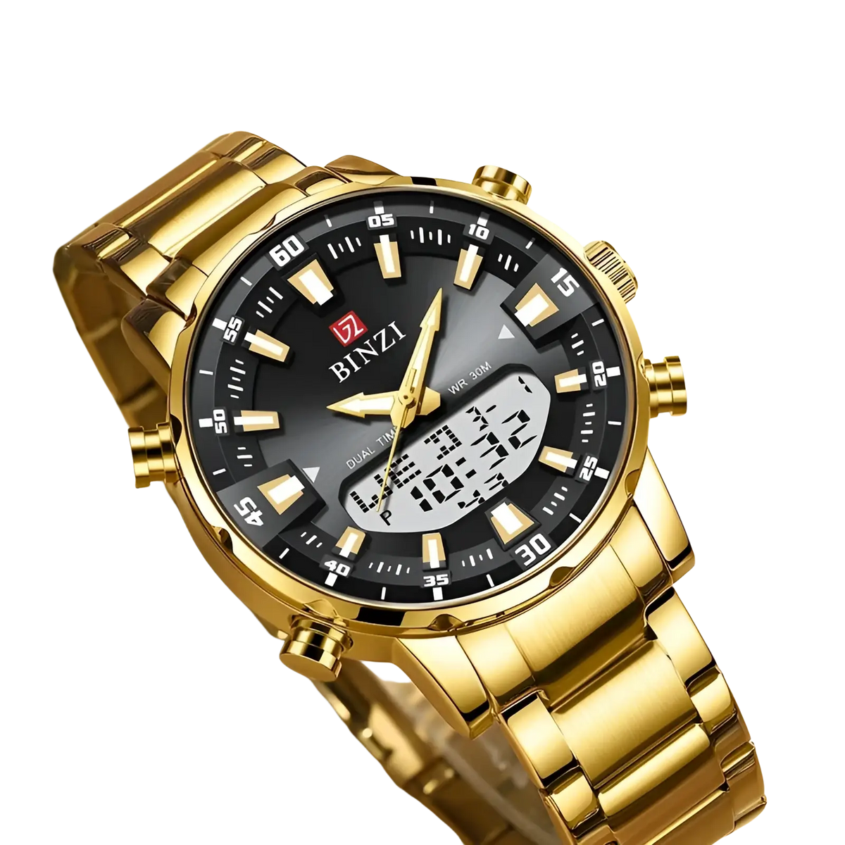 Gold stainless steel dual display men watch with black dial gold-tone markers hands and digital time date by binzi