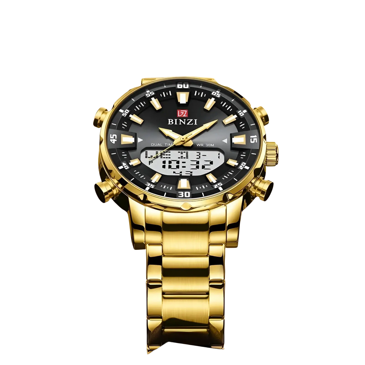 Gold stainless steel dual display men watch with gold-tone binzi black dial gold hands markers and link bracelet