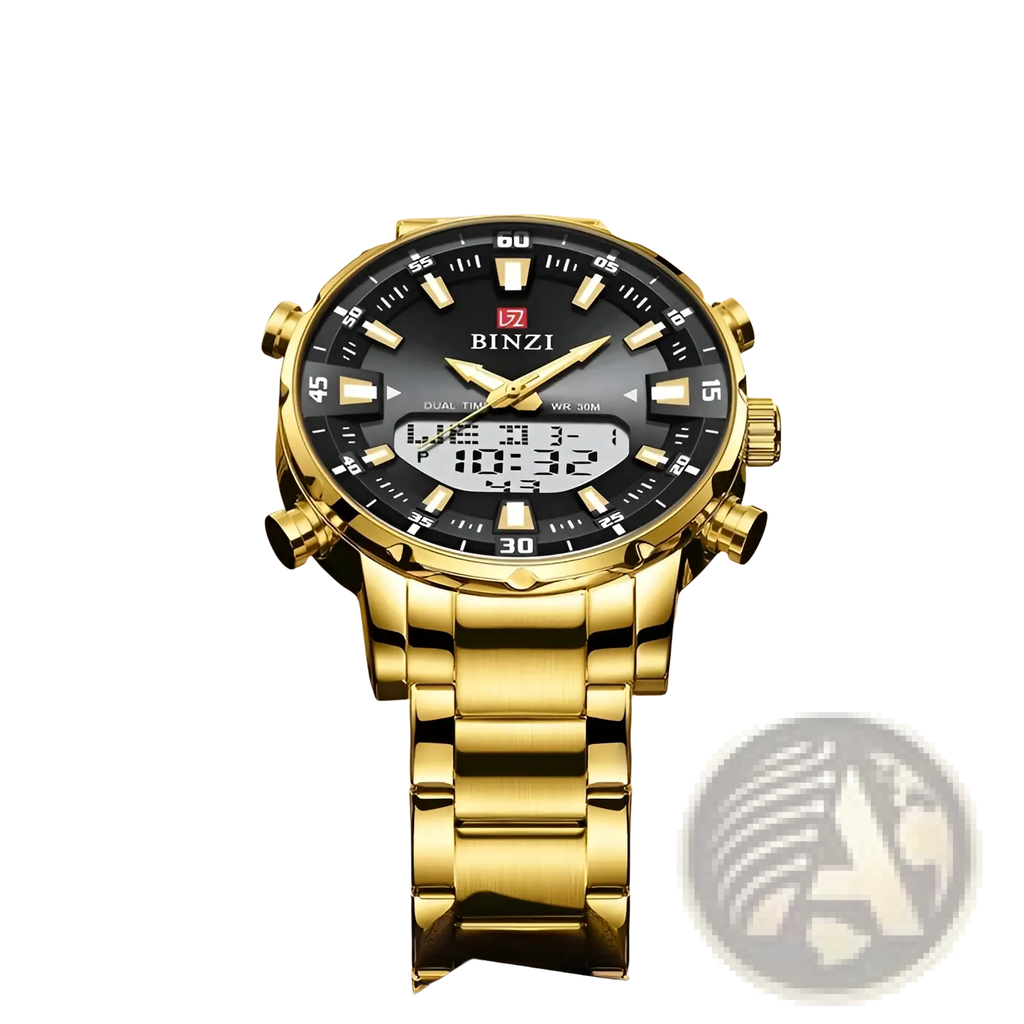 Gold stainless steel dual display men watch with gold-tone binzi black dial gold hands markers and link bracelet