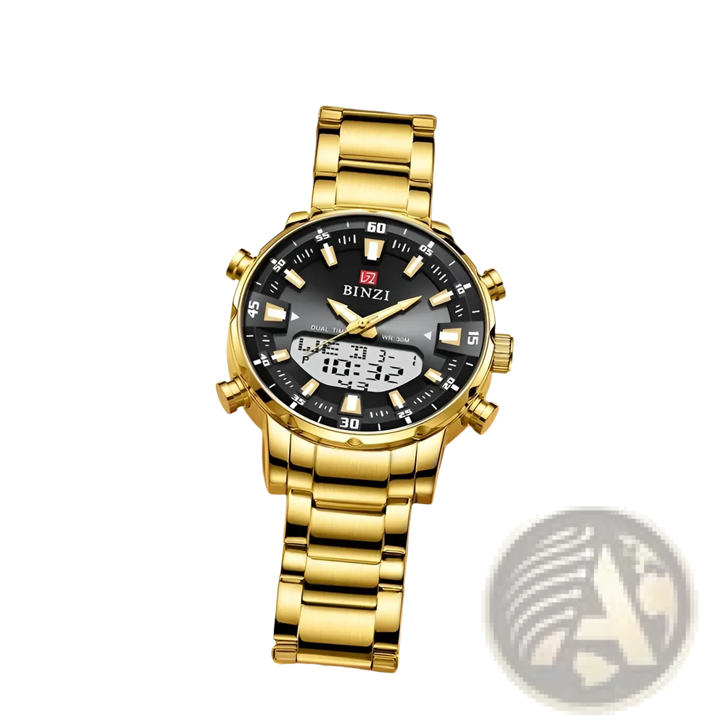 Gold-tone stainless steel dual-time men watch with black dial and gold hands featuring digital and analog display