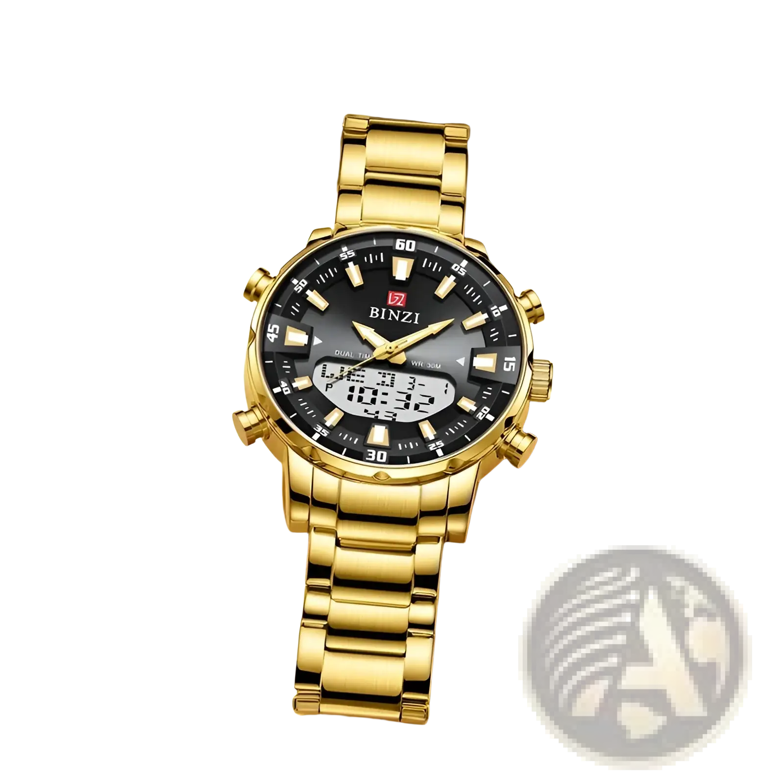 Gold-tone stainless steel dual-time men watch with black dial and gold hands featuring digital and analog display