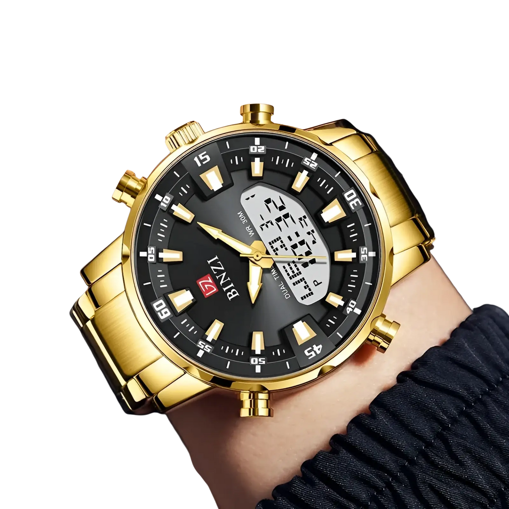Gold-tone stainless steel men sport watch with black dial featuring analog hour markers and integrated digital dual display by Bizzi