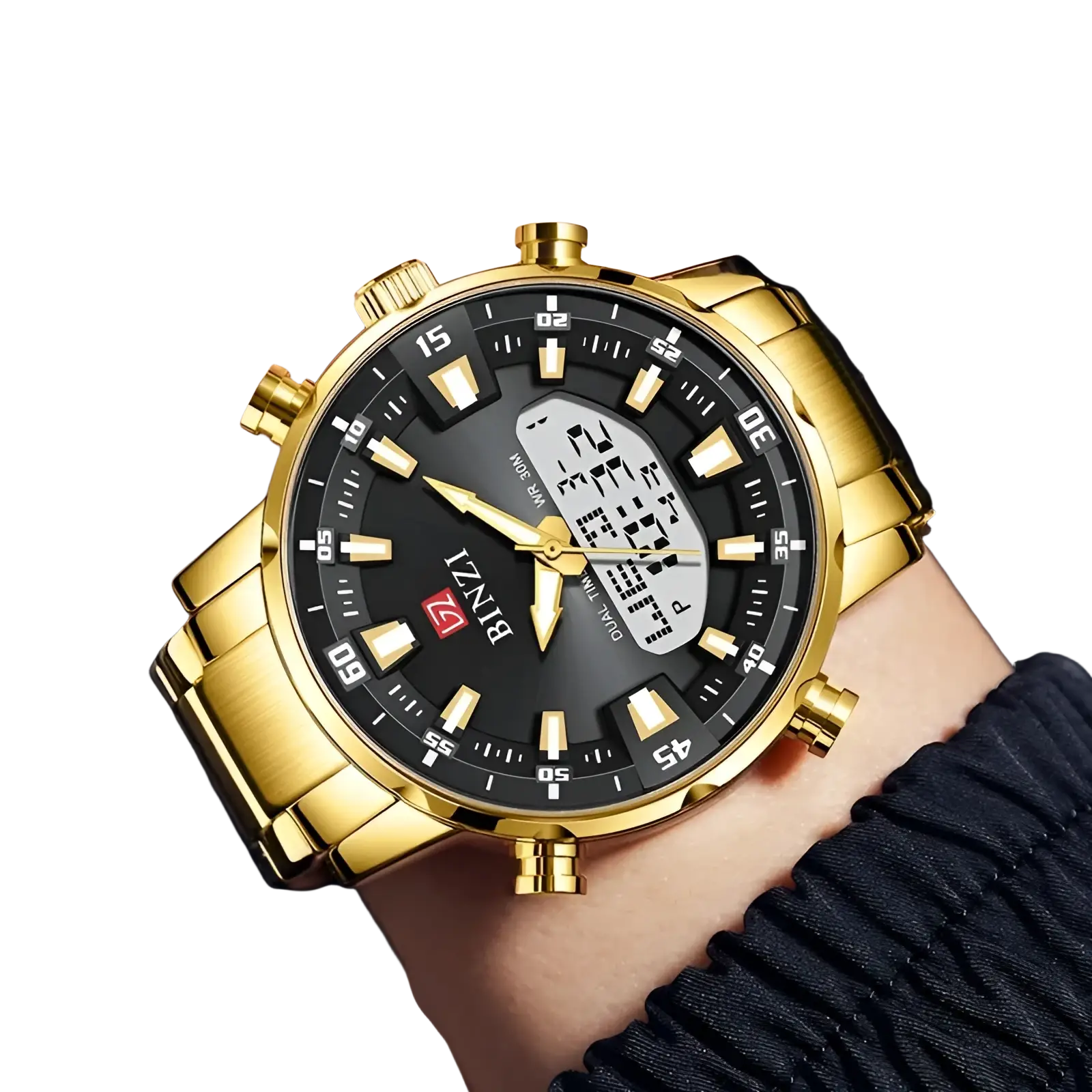 Gold-tone stainless steel men sport watch with black dial featuring analog hour markers and integrated digital dual display by Bizzi