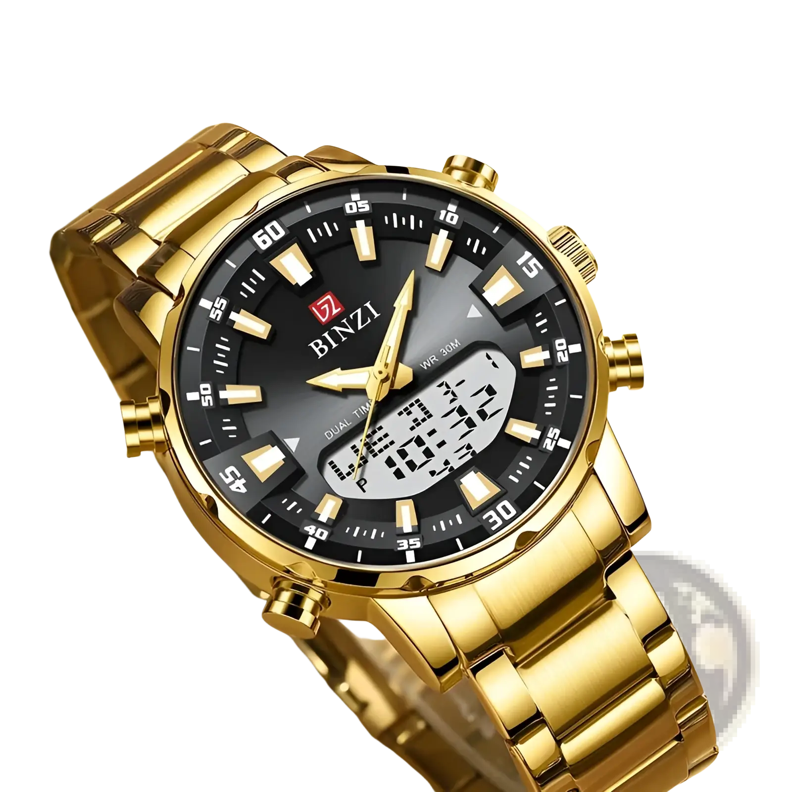 Gold stainless steel dual display men watch with black dial gold-tone markers hands and digital time date by binzi