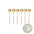 Set of six elegant gold stainless steel tea spoons with sleek slender handles and rounded bowls for flatware cutlery use