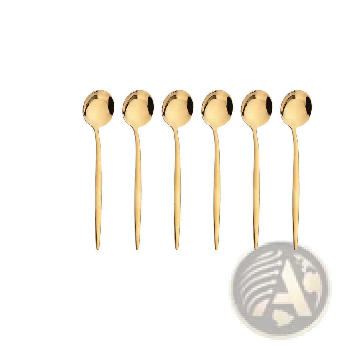 Set of six elegant gold stainless steel tea spoons with sleek slender handles and rounded bowls for flatware cutlery use