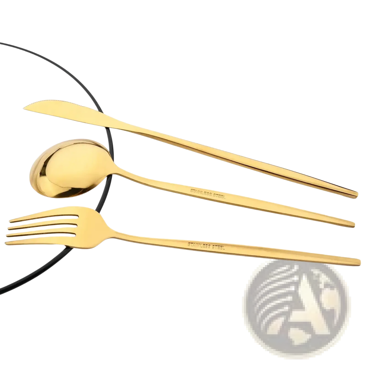 Gold stainless steel flatware cutlery set featuring sleek modern design with long handles and polished gold surfaces