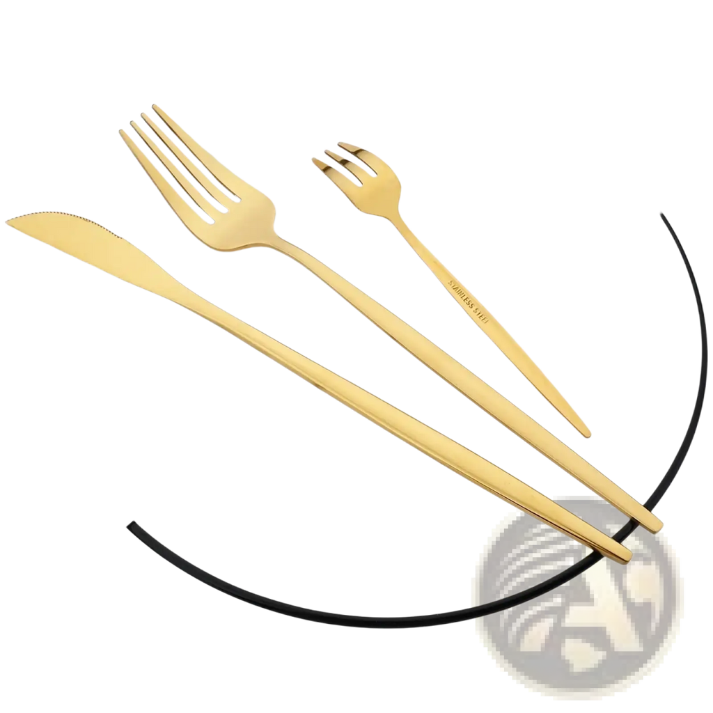 Gold stainless steel flatware cutlery set featuring a gold-colored knife and two forks with sleek modern designs