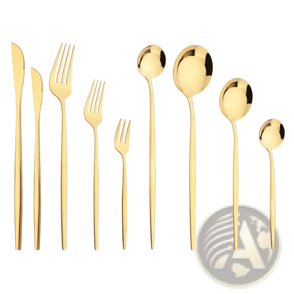 Gold stainless steel flatware cutlery set featuring sleek modern design with durable golden finish for elegant dining