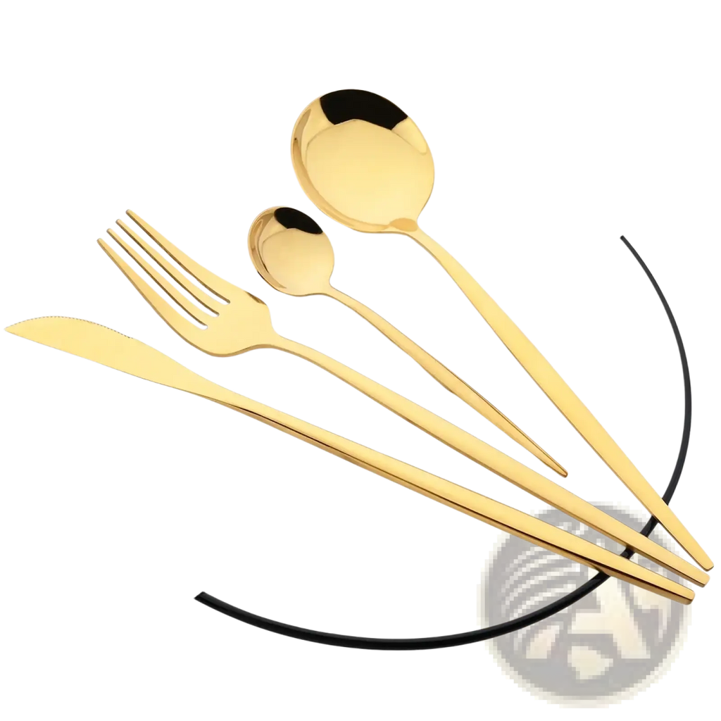 Gold stainless steel flatware cutlery set featuring sleek modern design with polished golden finish