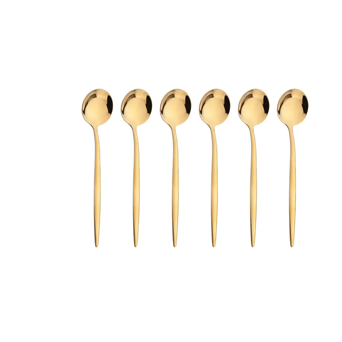 Set of six elegant gold stainless steel tea spoons with sleek slender handles and rounded bowls for flatware cutlery use