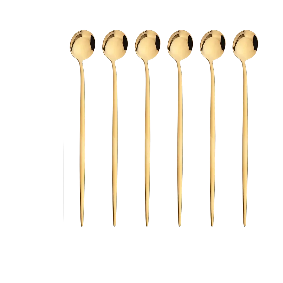 Set of six gold stainless steel long spoons with slender handles and polished rounded bowls for elegant flatware use