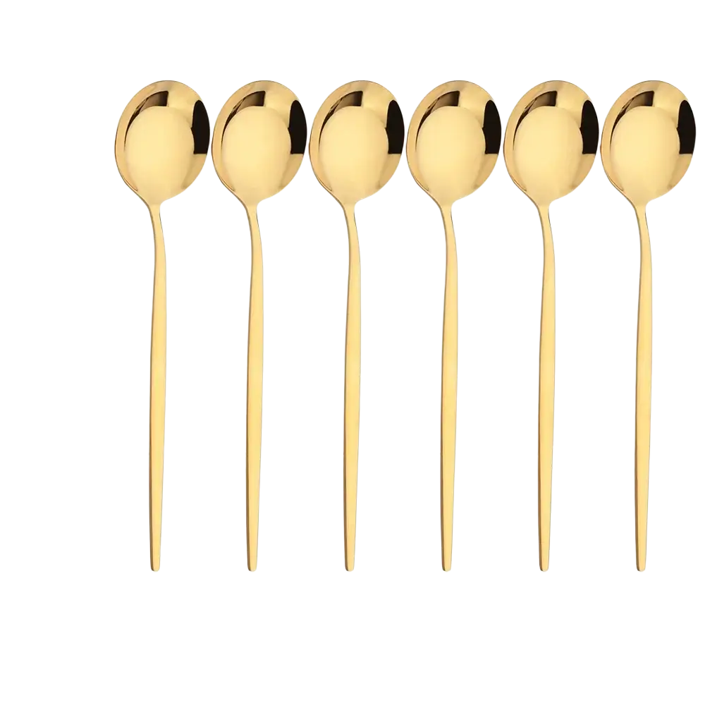 Set of six gold stainless steel dinner spoons with sleek modern handles for elegant flatware cutlery use