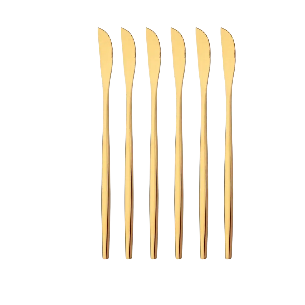 Set of six gold stainless steel dinner knives with sleek slender design and serrated edges for flatware cutlery use