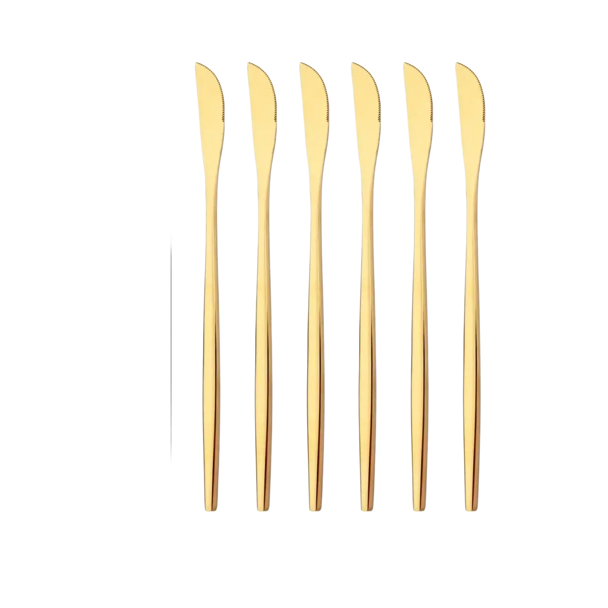 Set of six gold stainless steel dessert knives 20cm long weighing 38g each in sleek flatware cutlery set