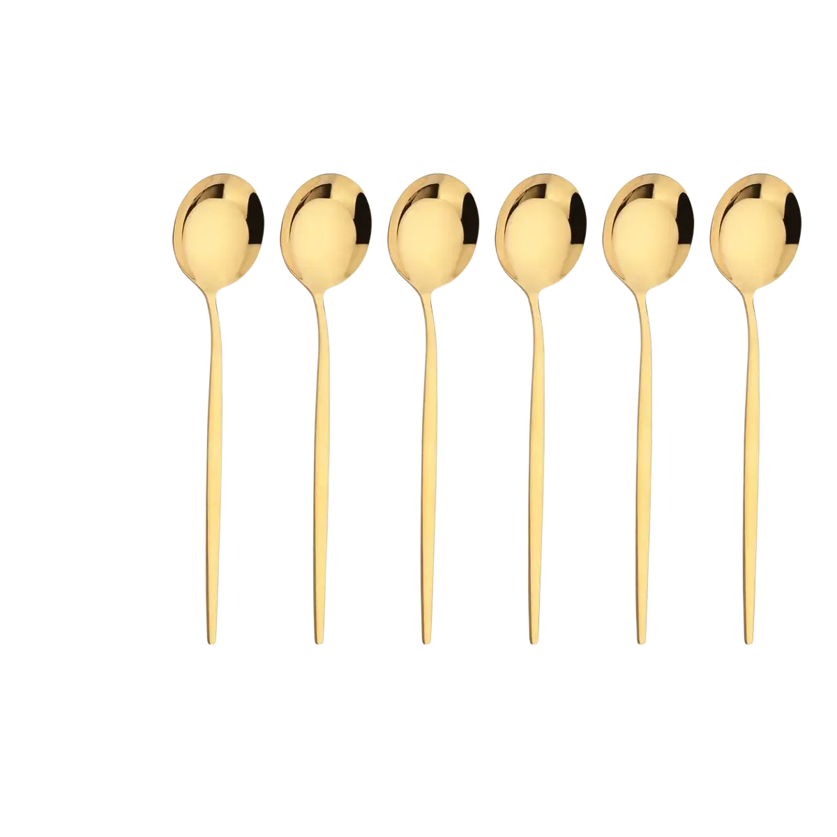 Set of six gold stainless steel dessert spoons with slender handles and polished reflective bowls for flatware cutlery
