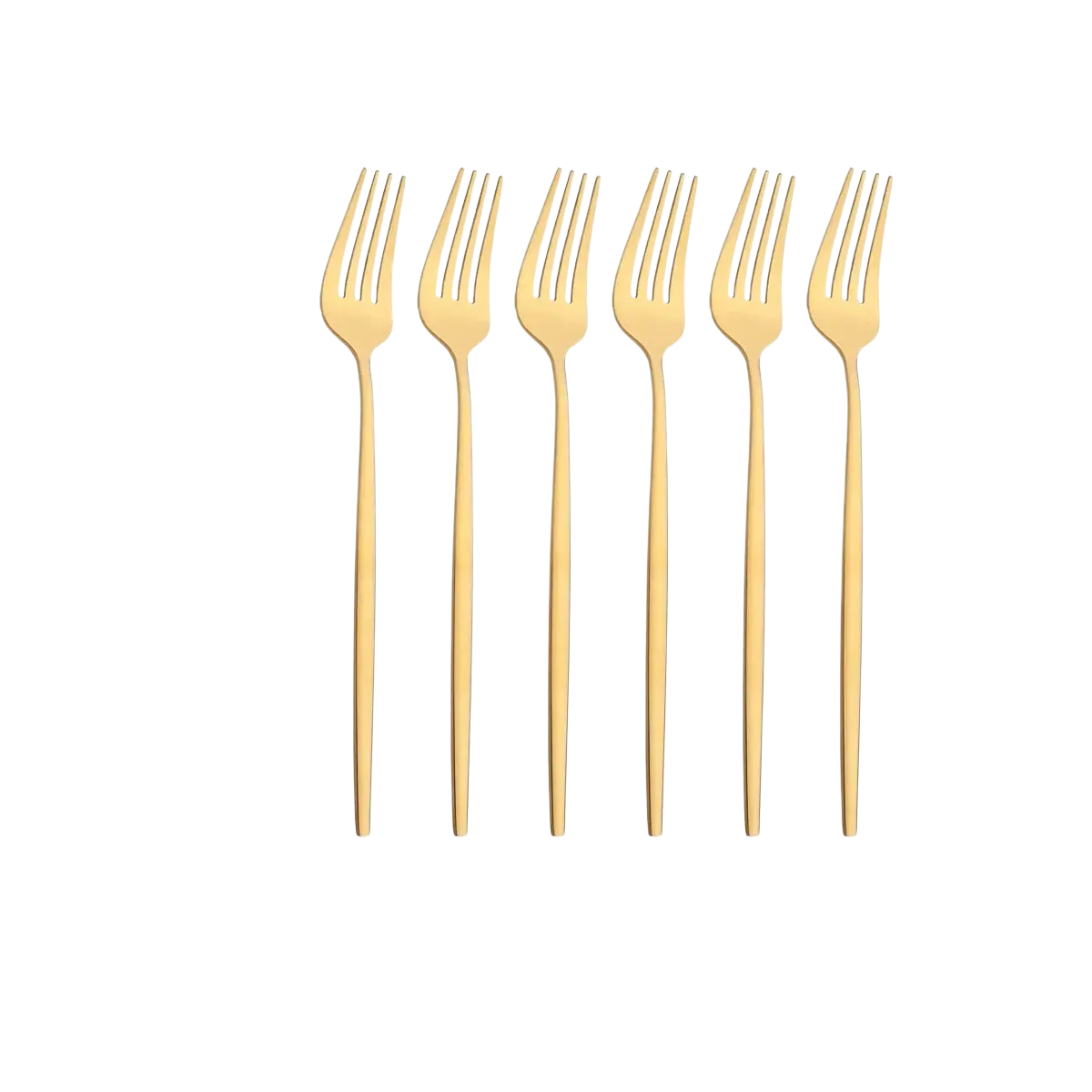 Set of six sleek gold stainless steel dessert forks with slender modern design from flatware cutlery set