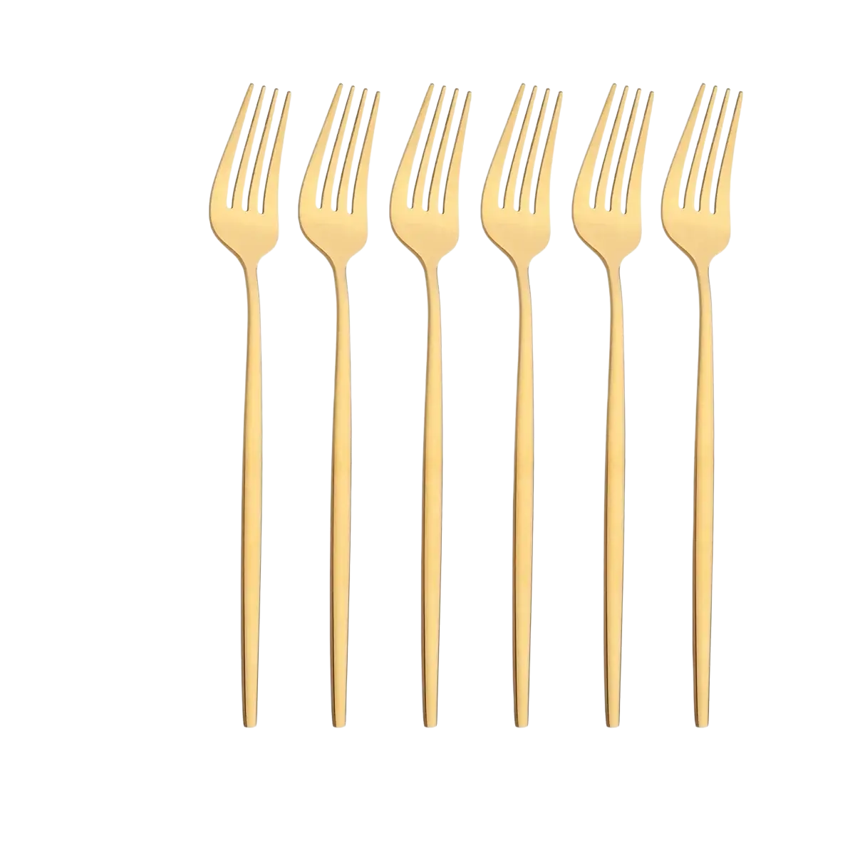Set of six gold stainless steel dinner forks with sleek slender modern design in flatware cutlery set