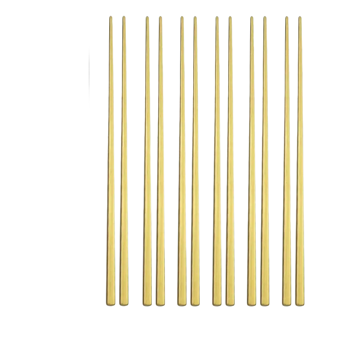 Set of ten slender gold stainless steel chopsticks with a smooth metallic finish for flatware cutlery use