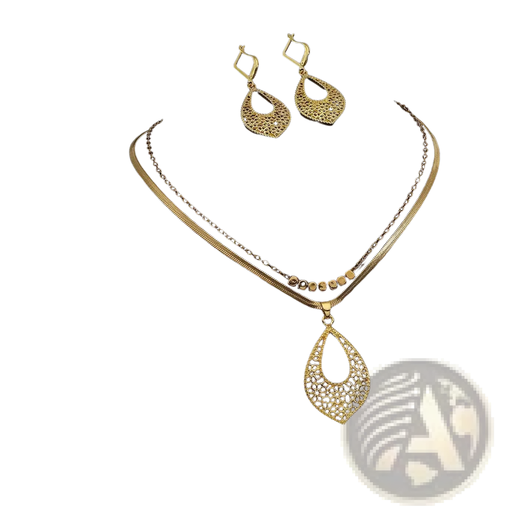 Gold stainless steel jewelry set for women featuring gold-toned filigree teardrop pendant necklace with double-layer chain and matching earrings and ring