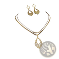 Gold stainless steel jewelry set for women featuring gold-toned filigree teardrop pendant necklace with double-layer chain and matching earrings and ring