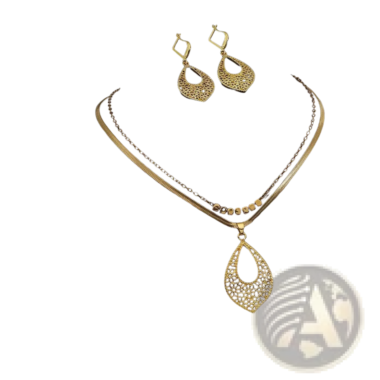 Gold stainless steel jewelry set for women featuring gold-toned filigree teardrop pendant necklace with double-layer chain and matching earrings and ring