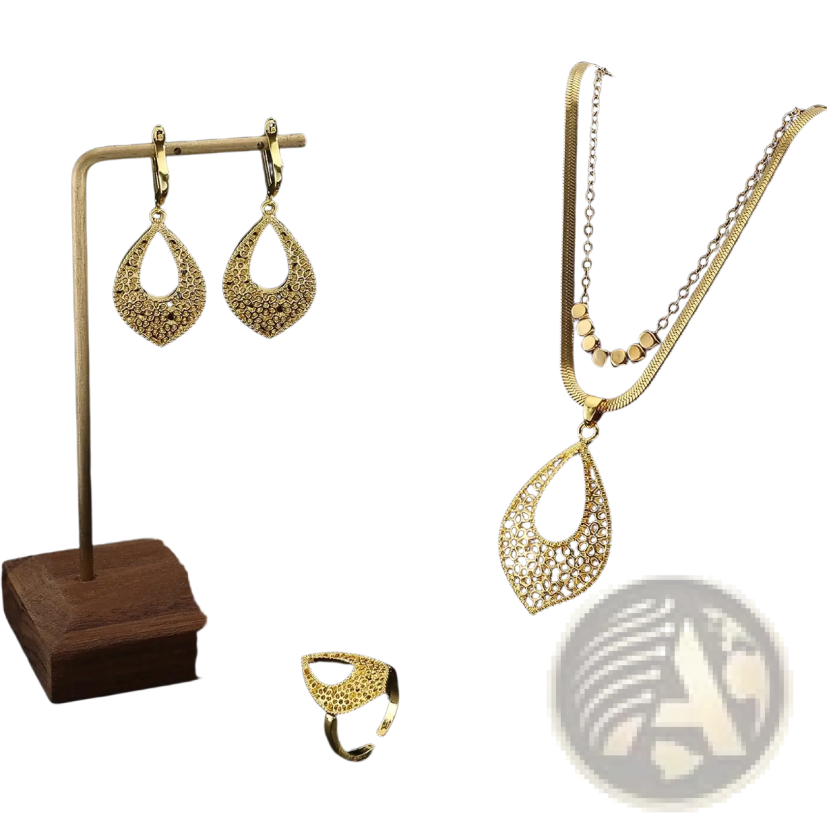 Gold stainless steel jewelry set for women featuring a gold-toned filigree teardrop pendant necklace with matching chain and beads