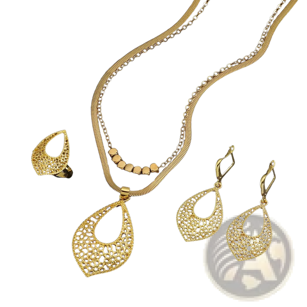 Gold stainless steel jewelry set featuring a gold-toned filigree teardrop pendant necklace with double-layer chain and beads