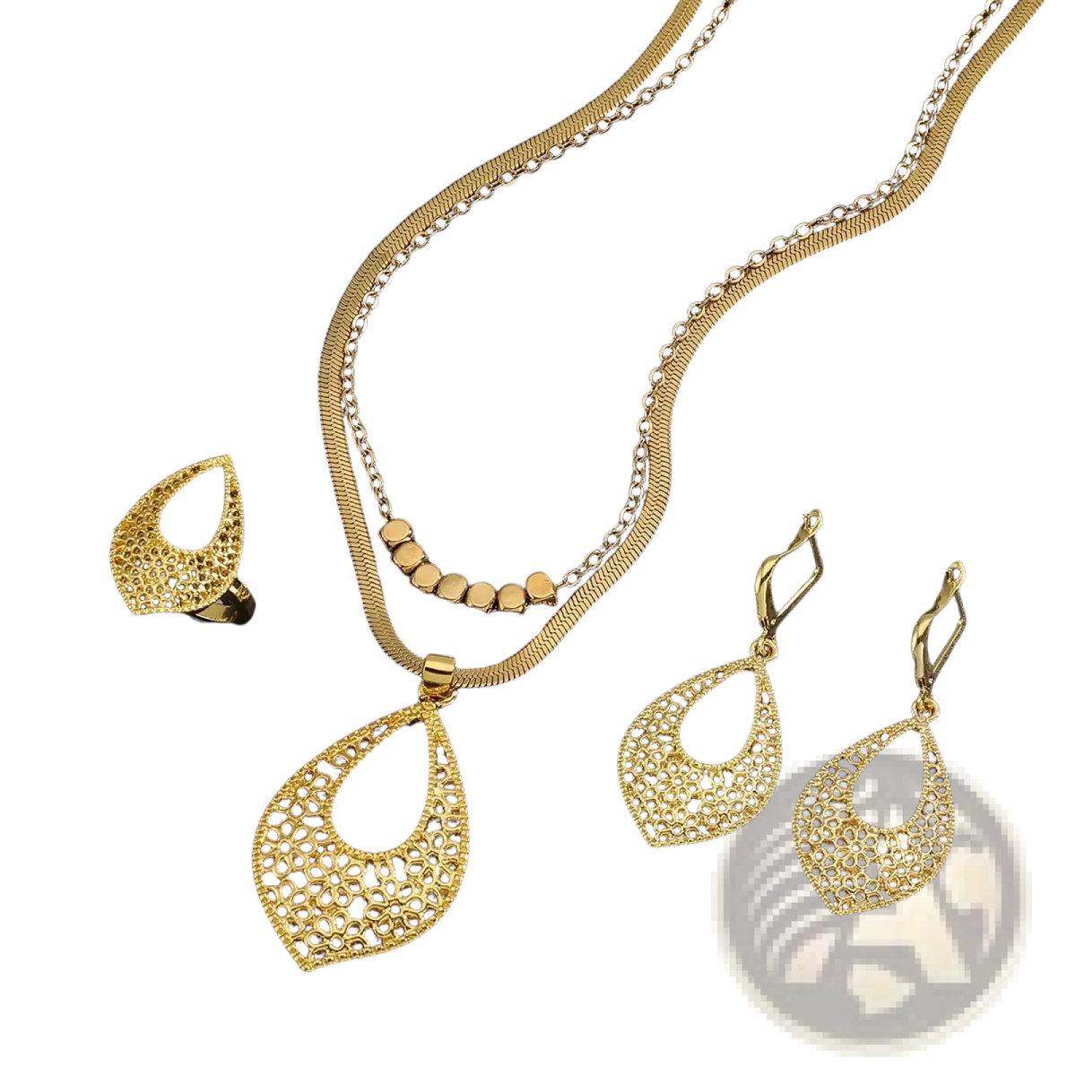Gold stainless steel jewelry set featuring a gold-toned filigree teardrop pendant necklace with double-layer chain and beads