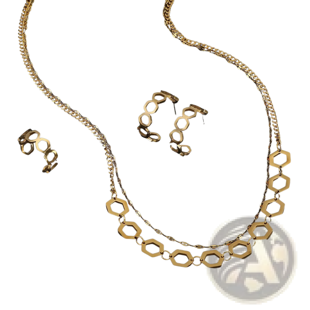 Gold stainless steel jewelry set for women featuring gold-toned hexagonal chain necklace with matching earrings and ring