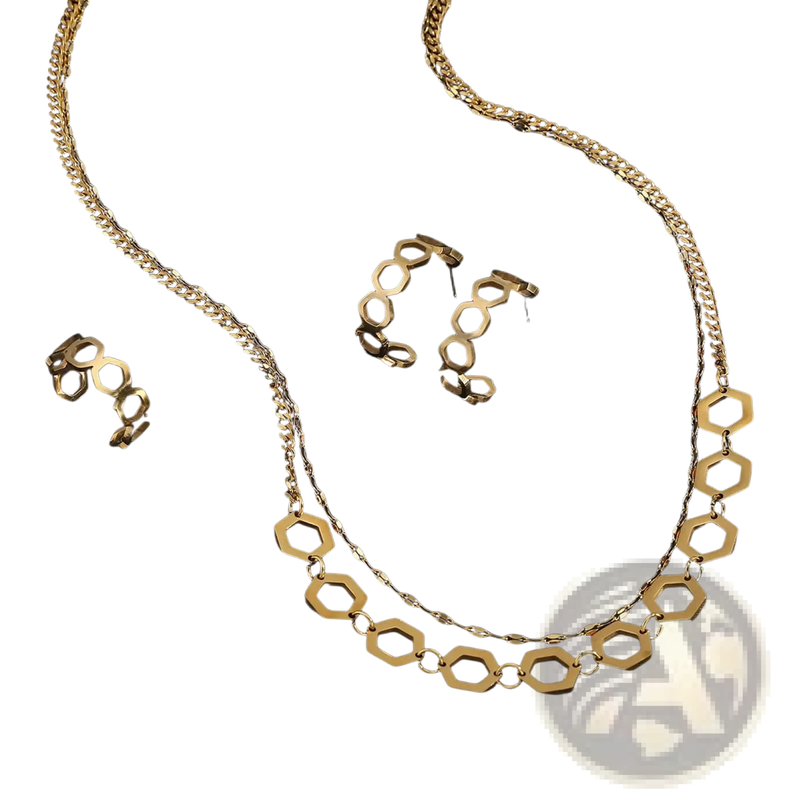 Gold stainless steel jewelry set for women featuring gold-toned hexagonal chain necklace with matching earrings and ring