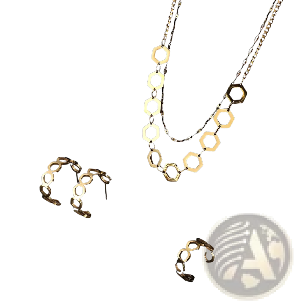 Gold stainless steel jewelry set for women featuring a gold-toned hexagonal chain necklace with layered solid and open links