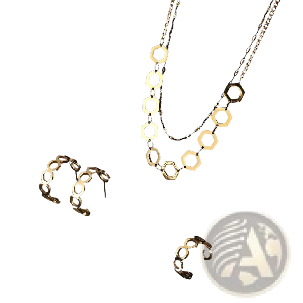 Gold stainless steel jewelry set for women featuring a gold-toned hexagonal chain necklace with layered solid and open links