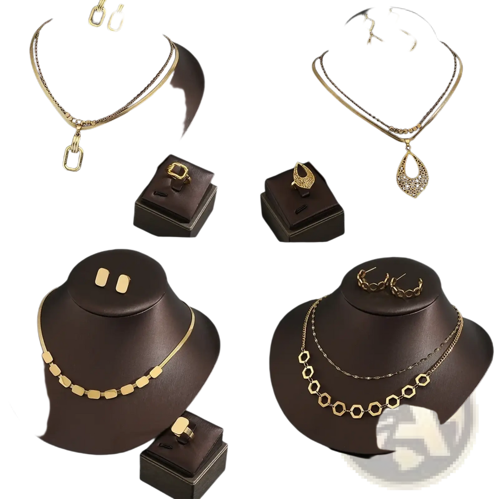Gold stainless steel jewelry set for women featuring gold-toned necklaces earrings and rings on brown mannequin busts
