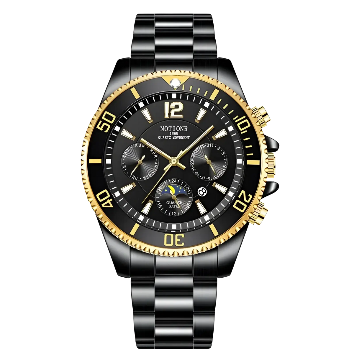 Black and gold gold stainless steel quartz sport watch with chronograph and three subdials on a sleek stainless steel bracelet